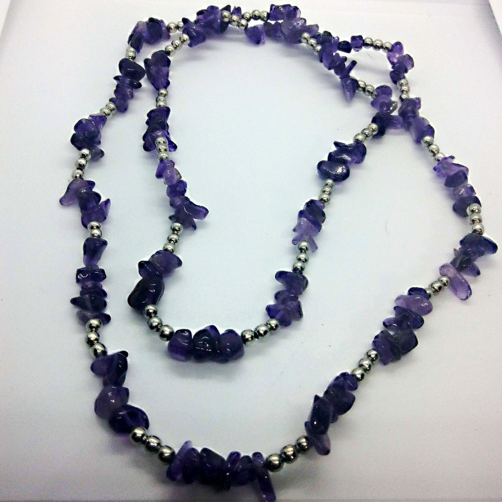 Amethyst Chip Necklace Silver-tone Accent Beads